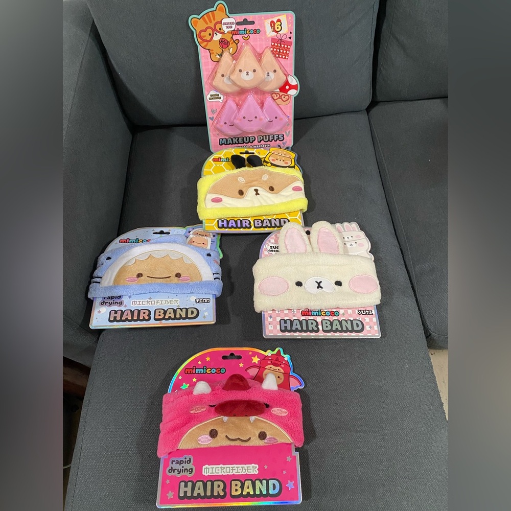 NEW Mimi & Coco 4pc Kawaii Plush Skincare Headbands & 6pc Makeup Powder Puffs